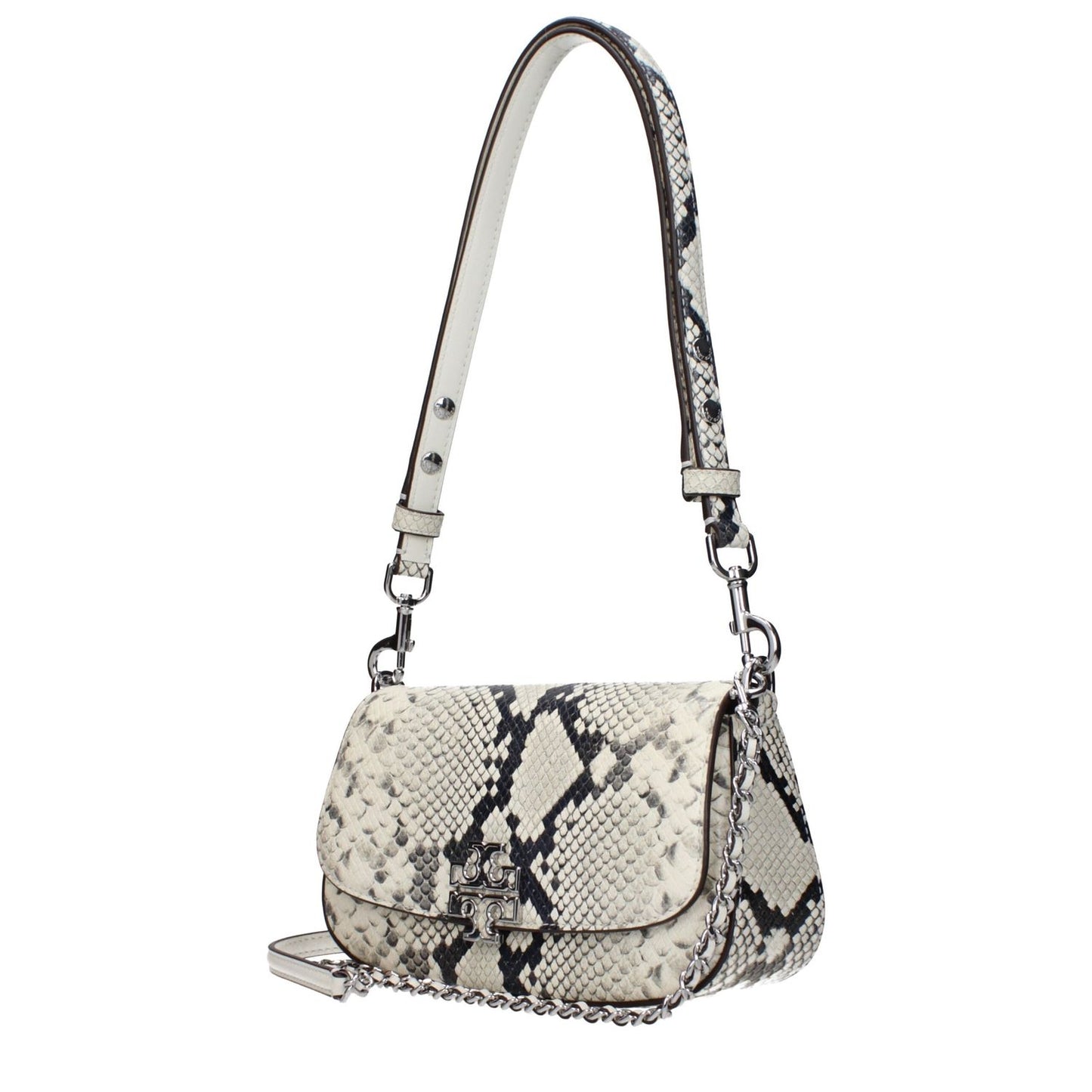 Tory Burch White Leather Shoulder Bag with snake pattern, featuring a front logo, adjustable and removable handles.