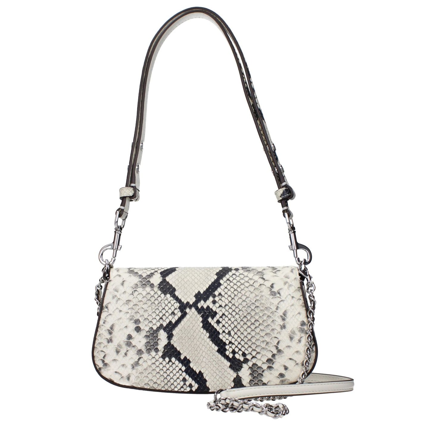 Tory Burch White Leather Shoulder Bag with snake print design, featuring front logo, adjustable and removable handles, versatile style