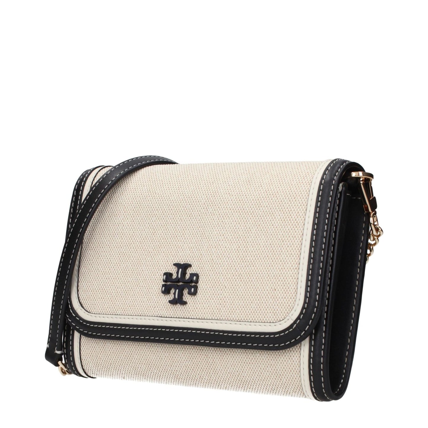 Tory Burch Beige Fabric Clutch Bag with front logo and removable shoulder strap.