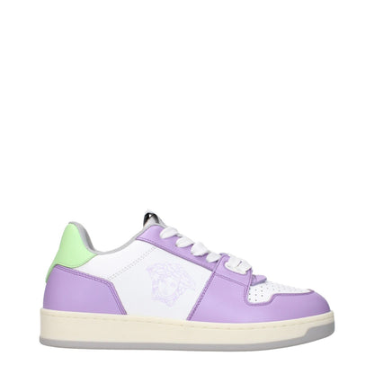 Versace White Leather Low Top Sneakers with lilac accents, featuring logos on front, side, back, and a rubber sole for casual wear.