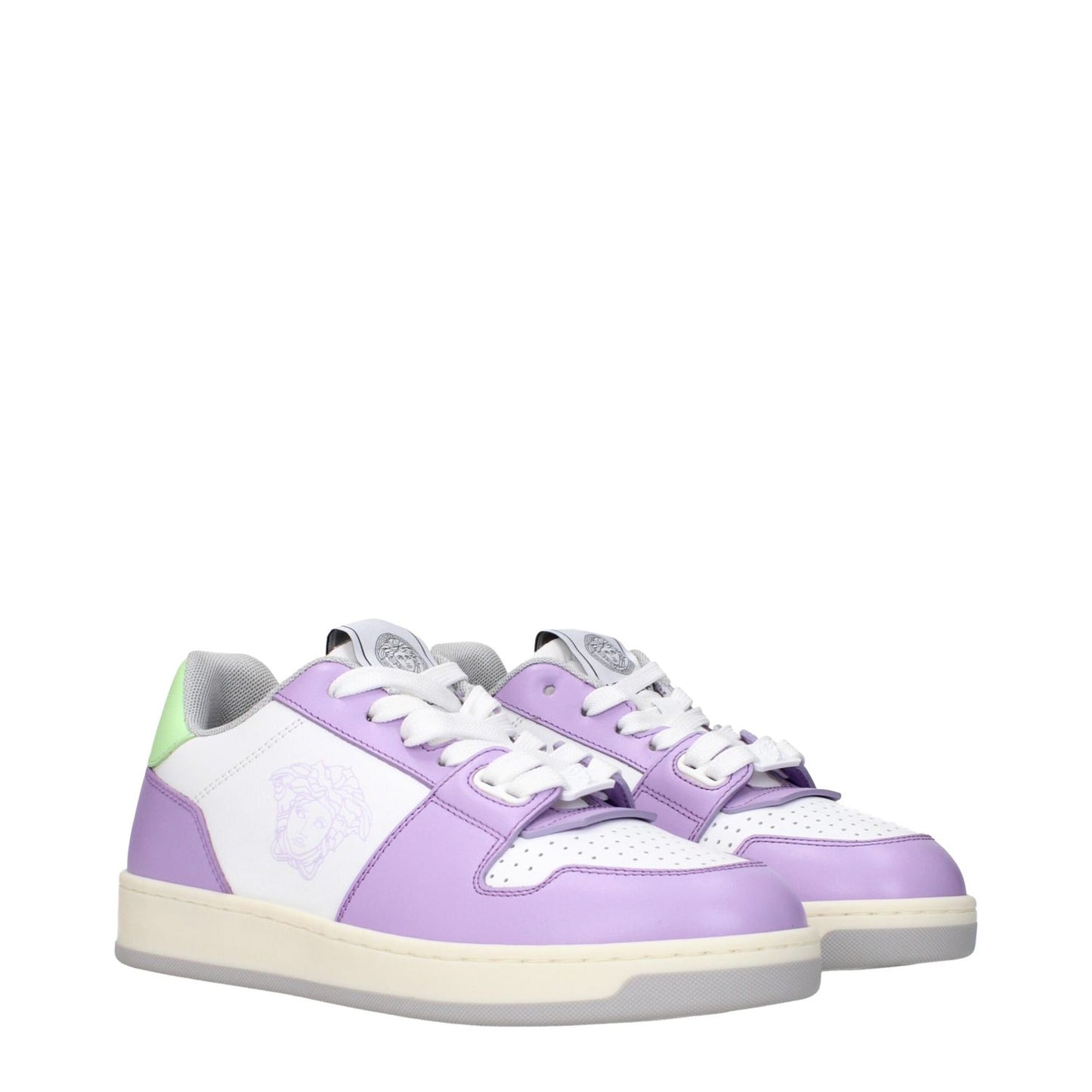 Alt Tag: Versace White Leather Low Top Sneakers with lilac accents, featuring logos on front, side, and back. Casual lace-up with rubber sole.