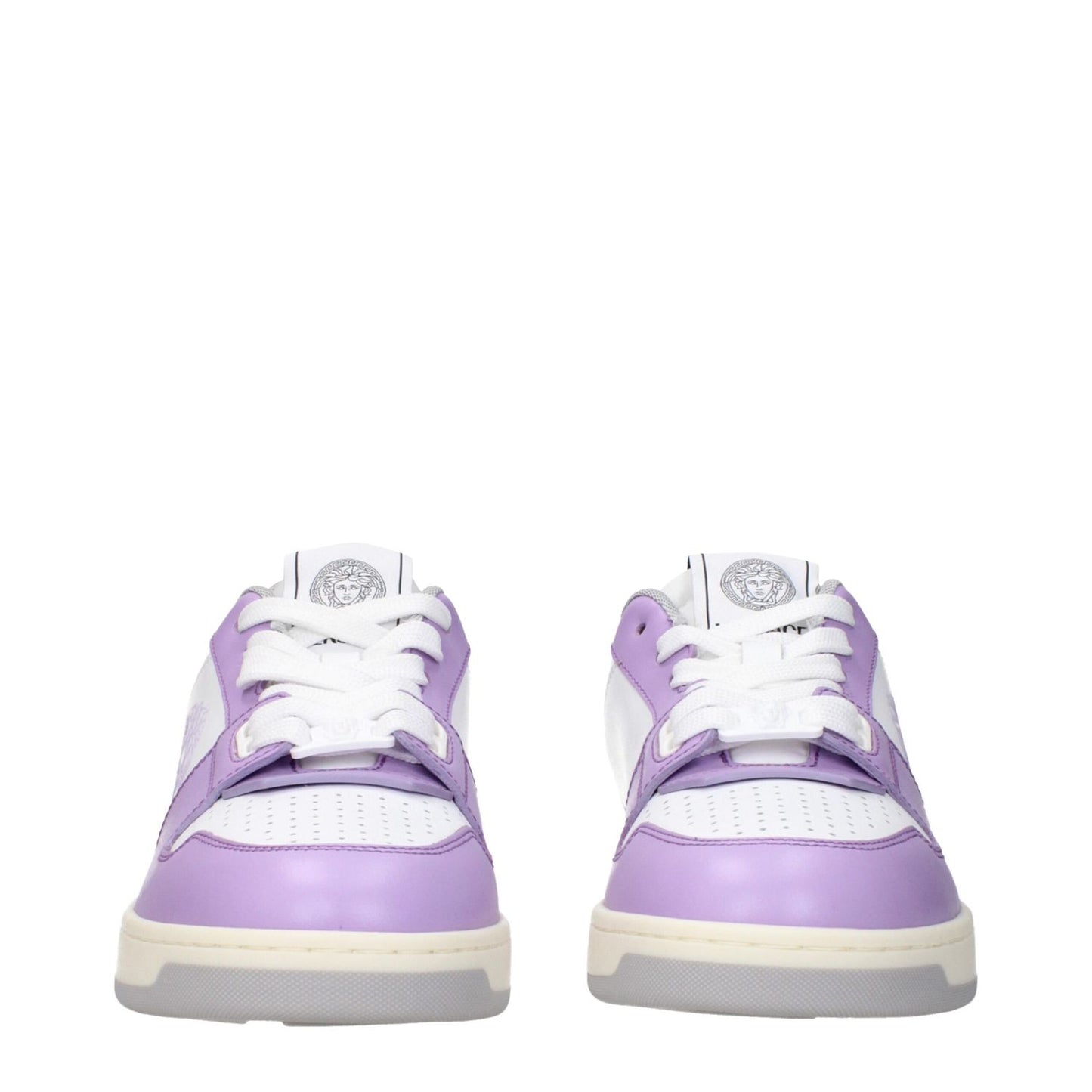 Versace White Leather Low Top Sneakers with lilac accents, featuring logos on front, side, and back, lace-up closure, and rubber sole.