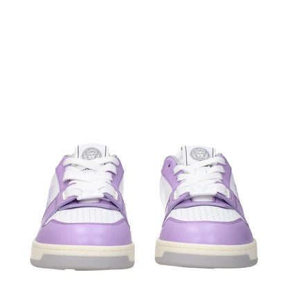 Versace White Leather Low Top Sneakers with lilac accents, featuring logos on front, side, and back, lace-up closure, and rubber sole.