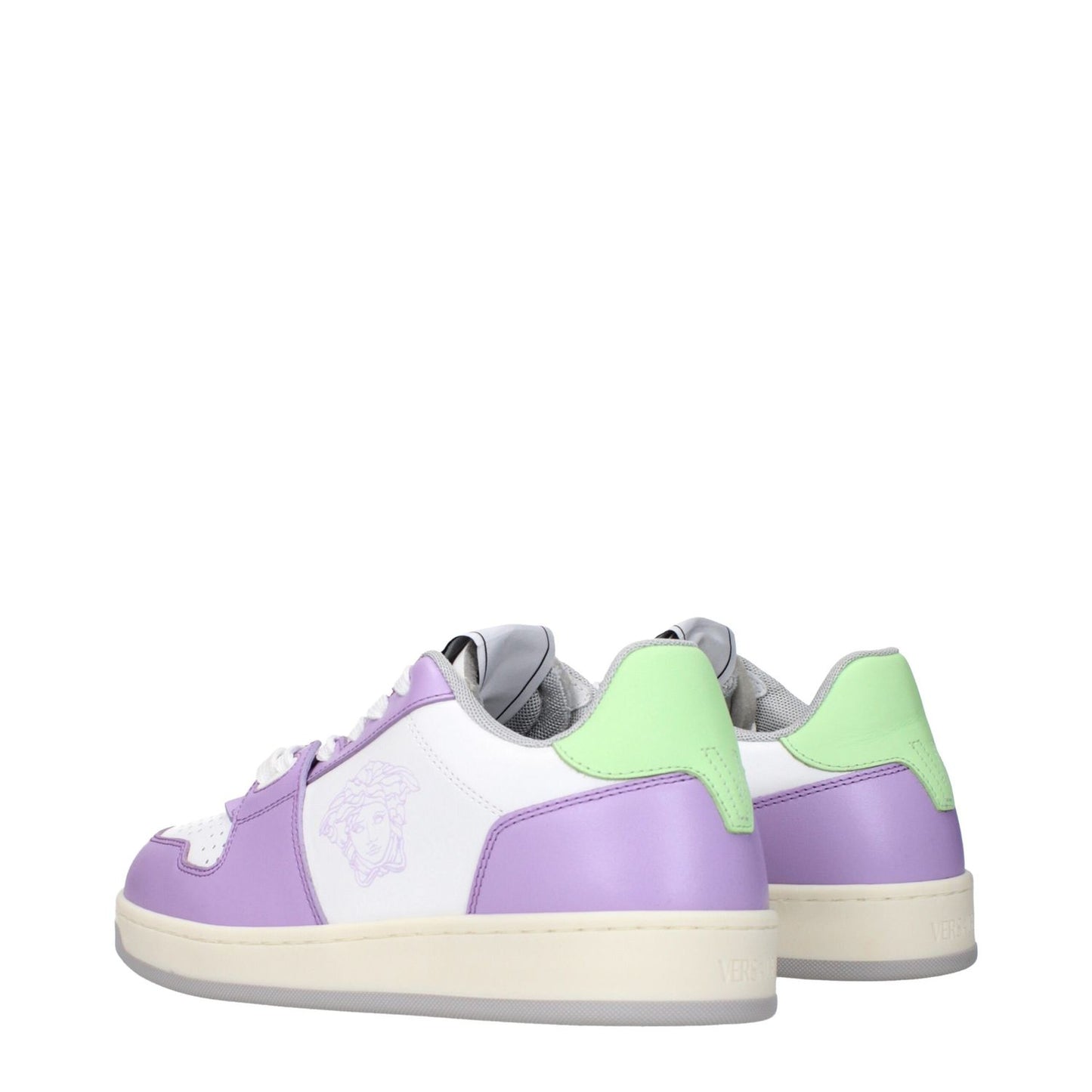Versace White Leather Low Top Sneakers with lilac and green accents, featuring logo details and round toe design.