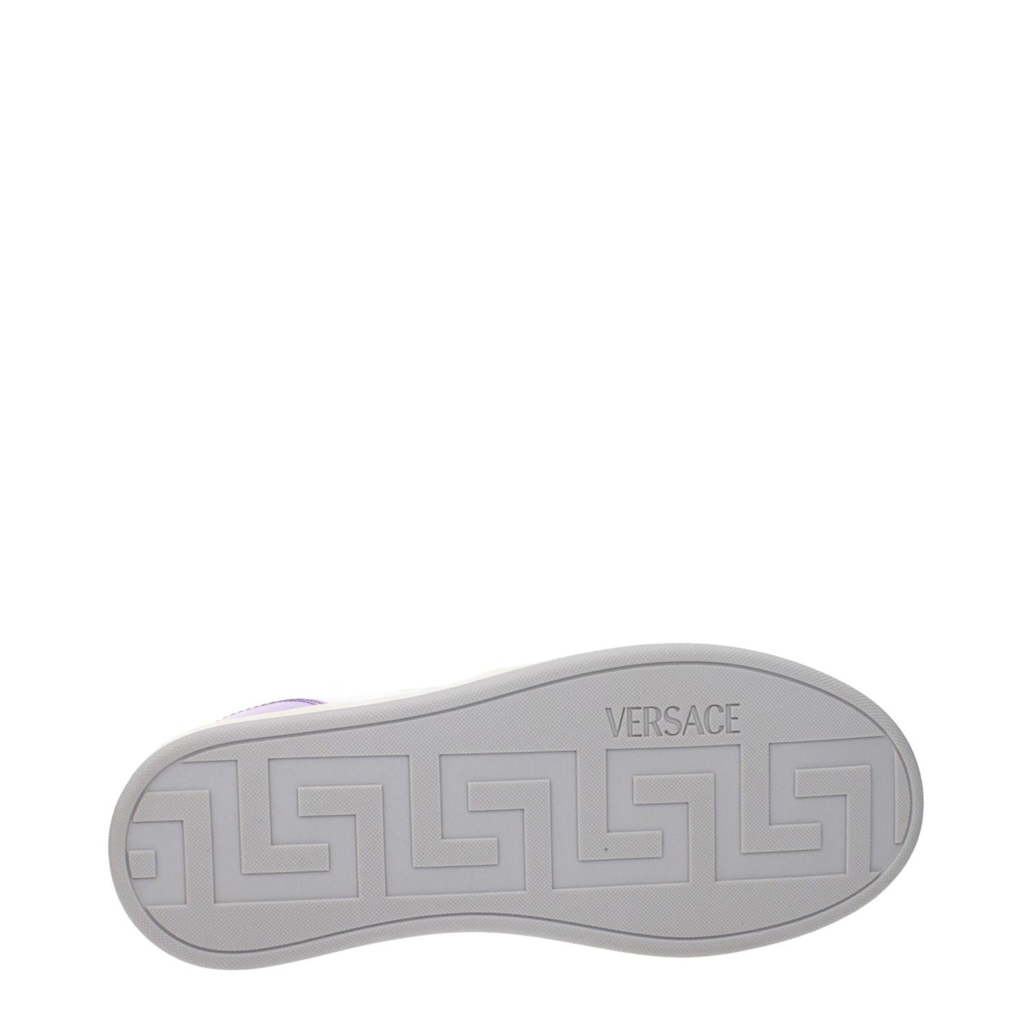 Sole view of Versace White Leather Low Top Sneakers showcasing rubber sole design and Versace logo.