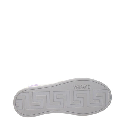 Sole view of Versace White Leather Low Top Sneakers showcasing rubber sole design and Versace logo.