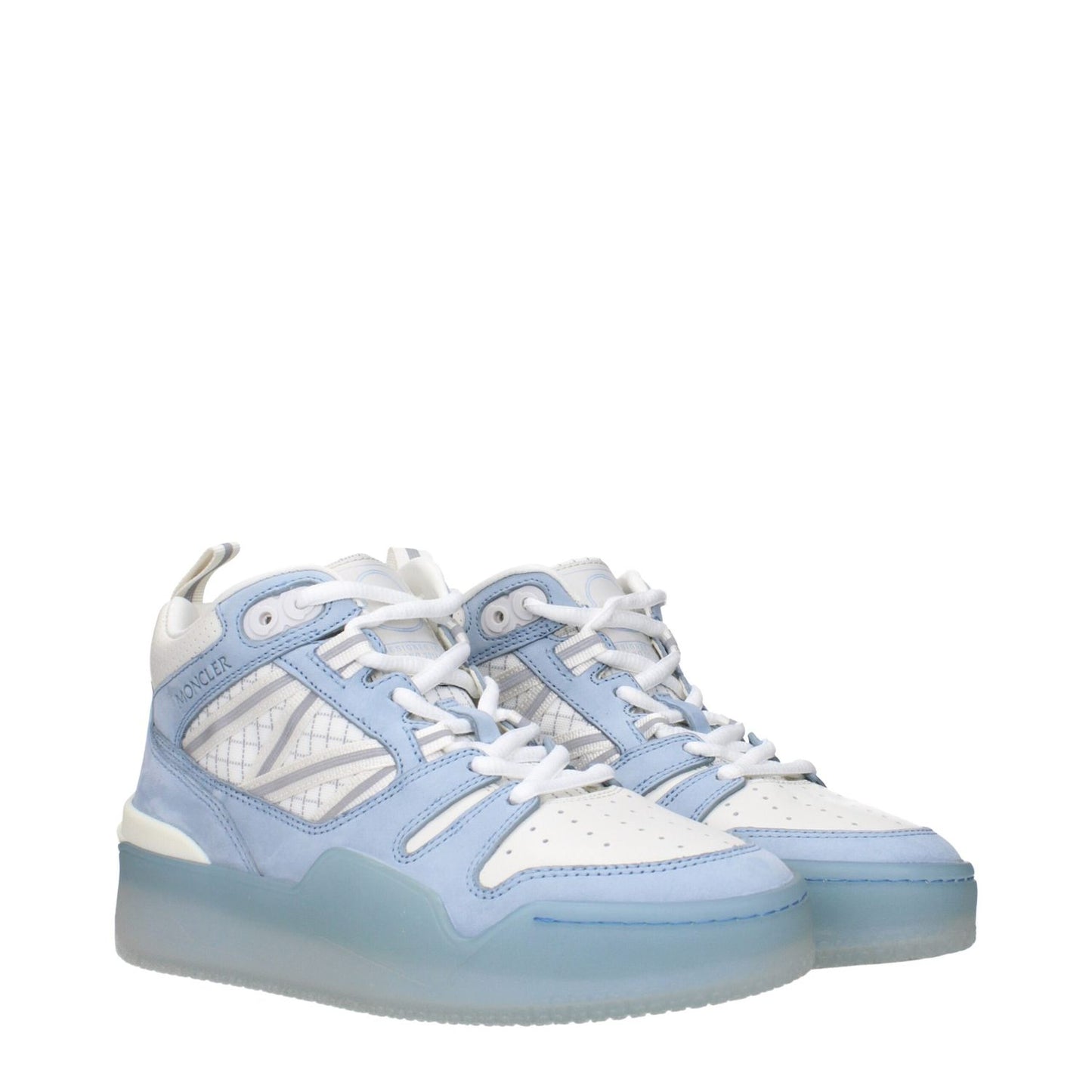 Alt Tag: Moncler White Leather High Top Sneakers with front, side, and back logos, featuring blue accents and stylish design.