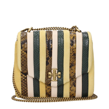 Tory Burch Yellow Leather Shoulder Bag with logo and vintage effect design, featuring a striped leather pattern and gold chain strap.