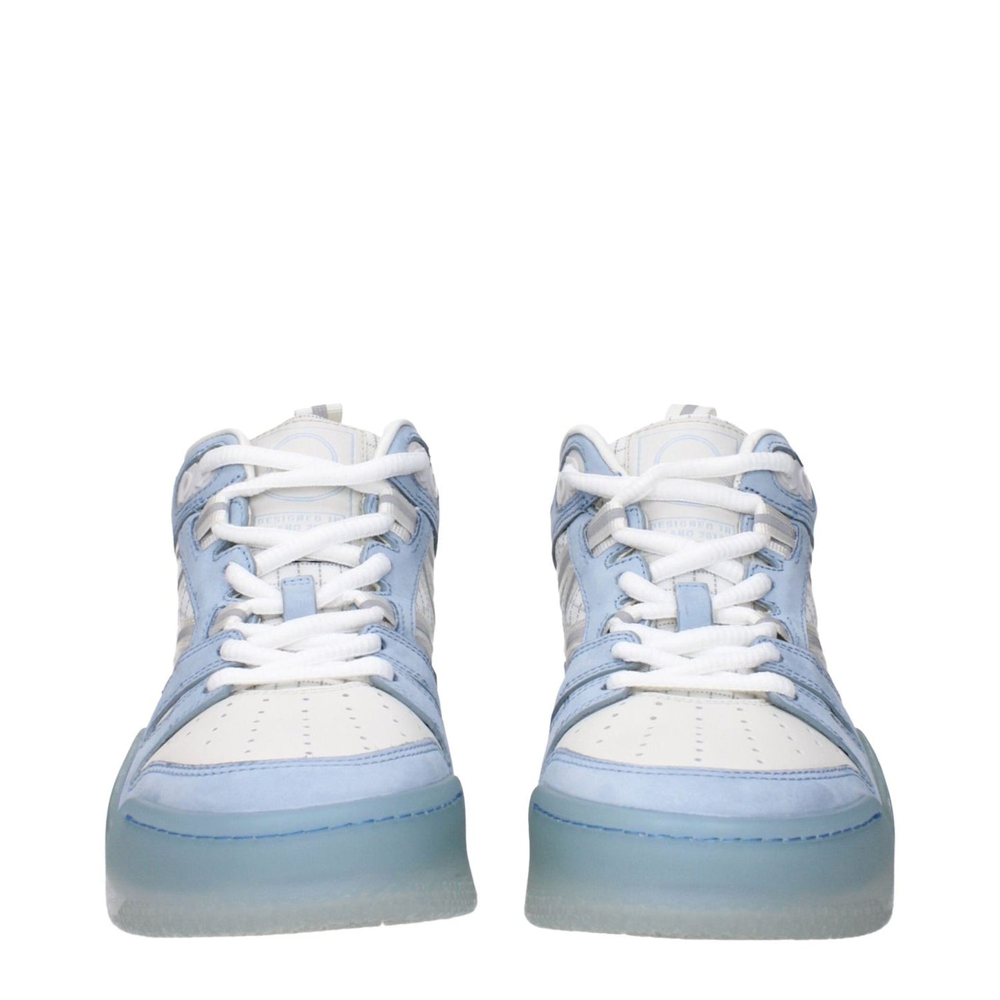 Front view of Moncler White Leather High Top Sneakers featuring logos and detailed stitching.