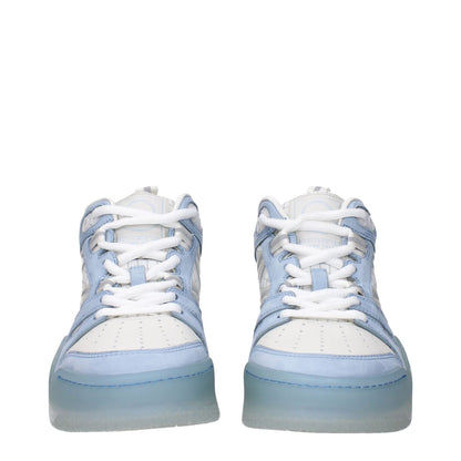 Front view of Moncler White Leather High Top Sneakers featuring logos and detailed stitching.