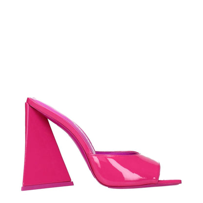 The Attico Pink Leather Platform Sandals in fuchsia patent leather, side view with unique heel design, MPN 227WS000L002008.