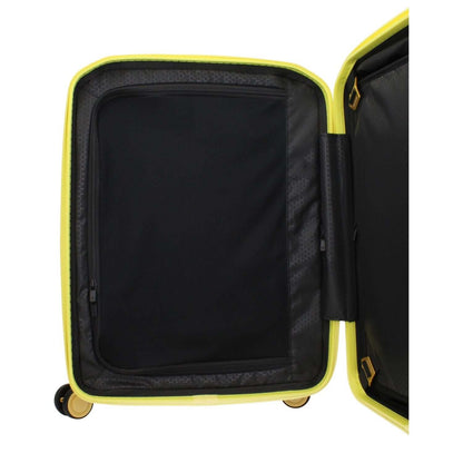 Interior view of Piquadro Yellow Polycarbonate Luggage And Travel trolley with spacious compartment and secure straps.