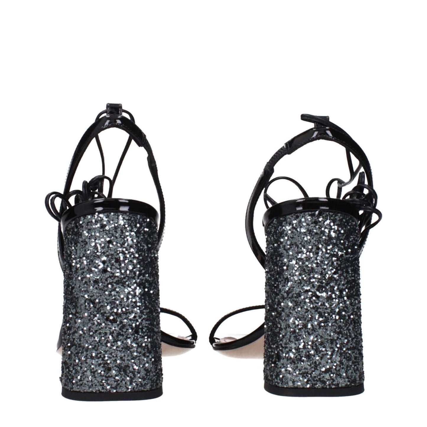 Back view of Miu Miu Black Leather Platform Sandals with glitter heels, showcasing detailed craftsmanship.