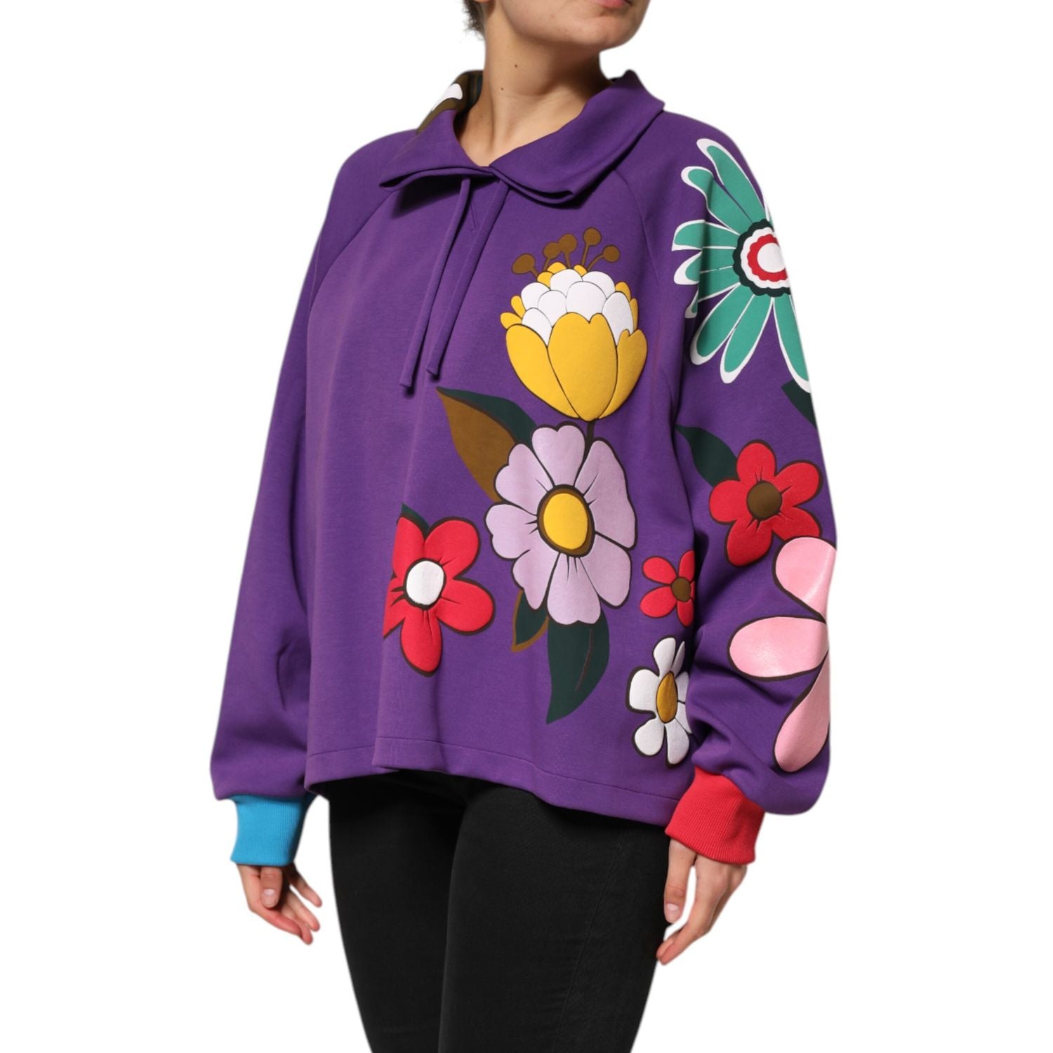 Dolce & Gabbana Purple Floral Print Cotton Long Sleeves Top