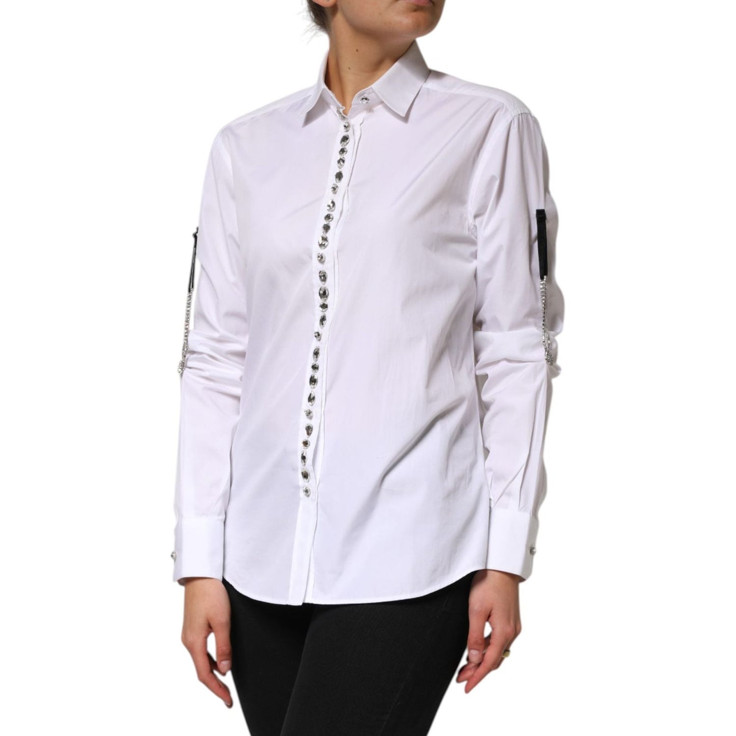 Dolce & Gabbana White Crystal Embellished Collared Shirt Top