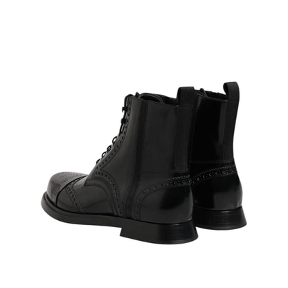 Dolce & Gabbana Black Leather Lace Up Mid Calf Boots Shoes