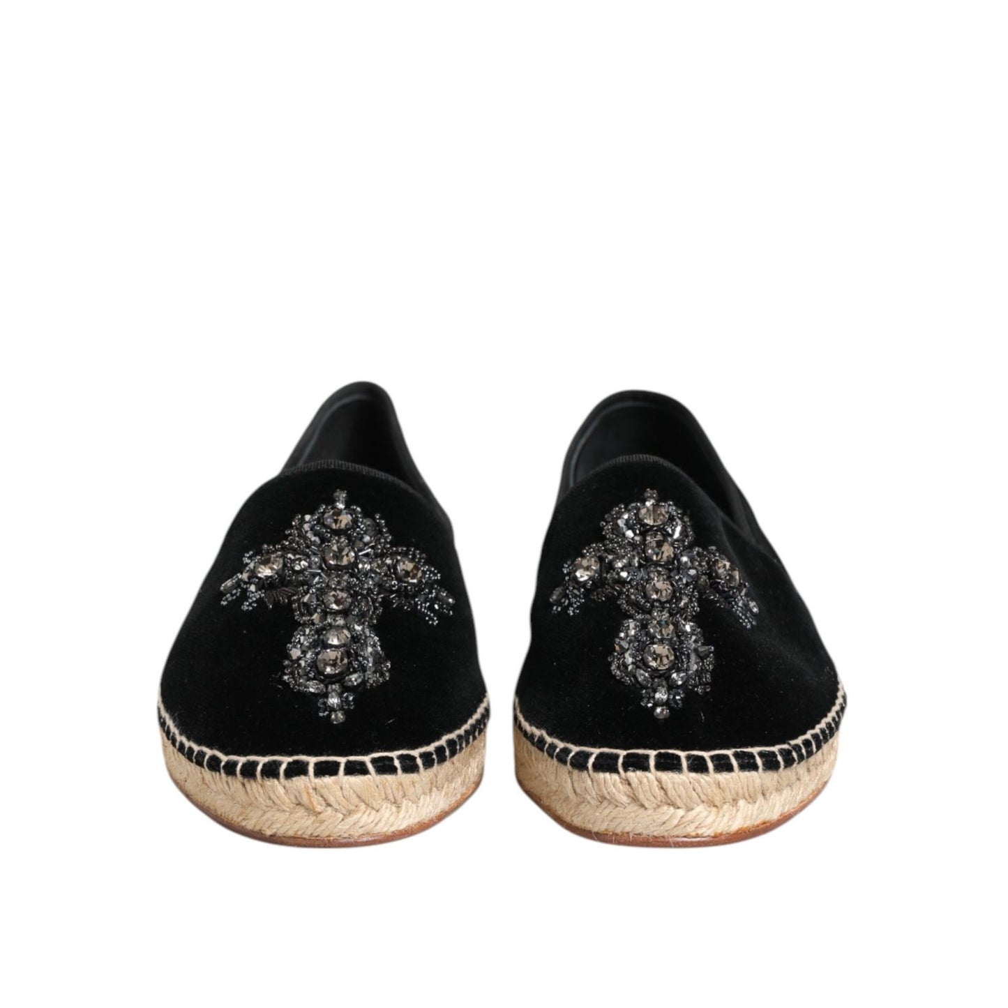 Dolce & Gabbana Black Cross Crystal Slip On Espadrille Shoes