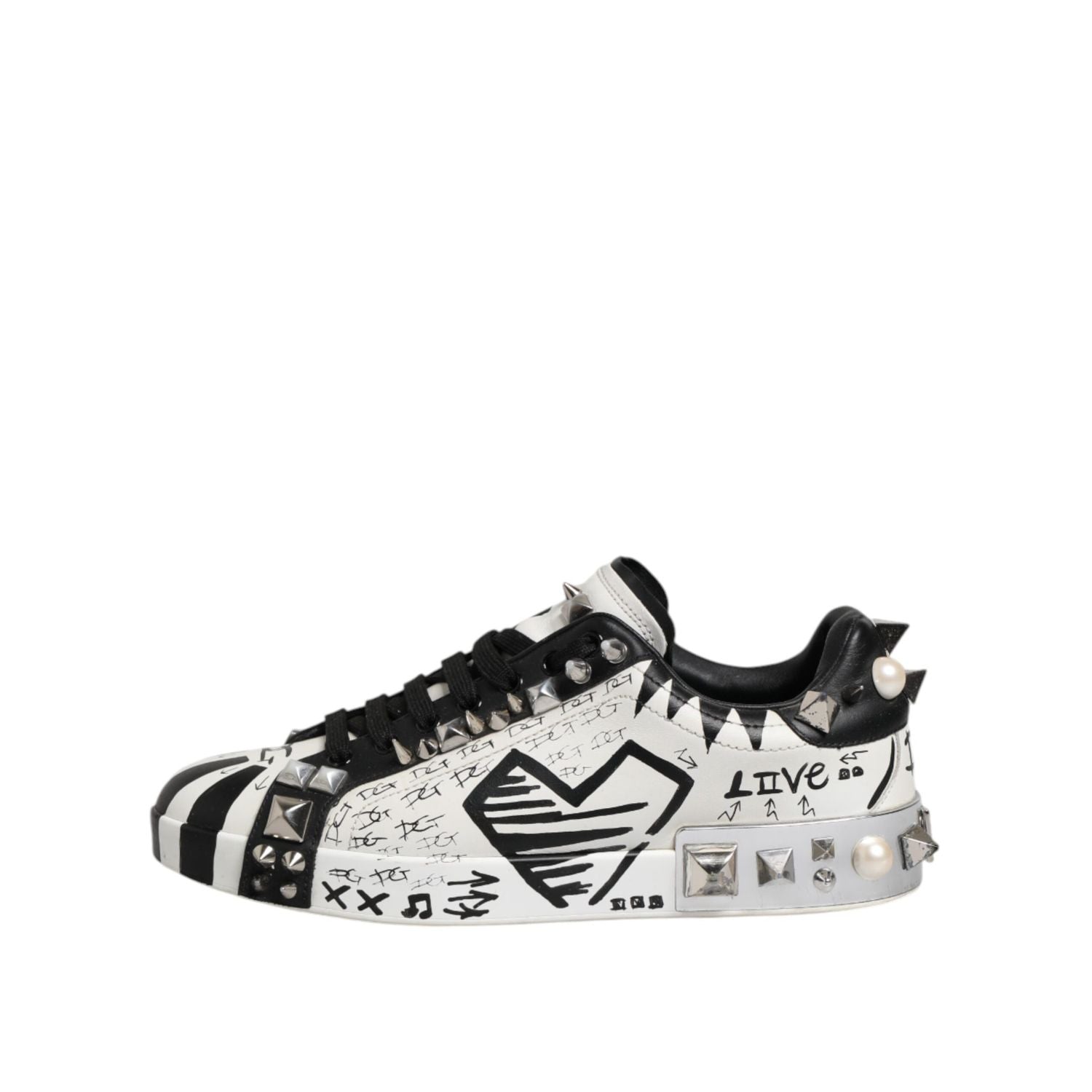 Dolce & Gabbana Black White Studded Low Top Sneakers Shoes