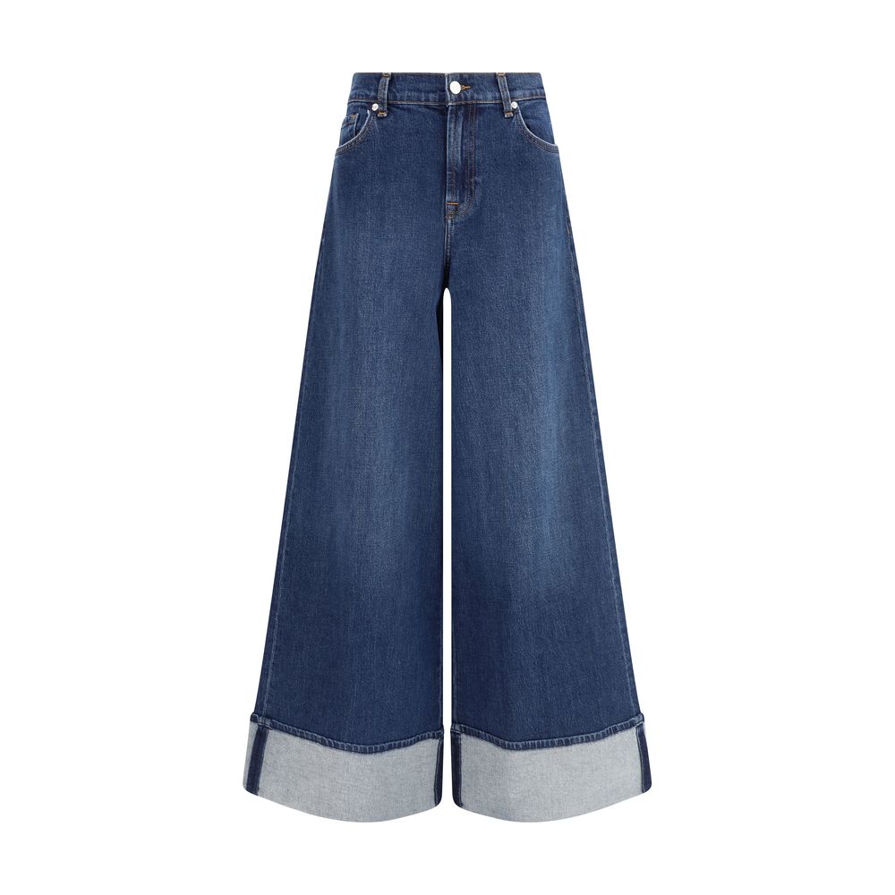 Alt Tag: 7FOR Blue Cotton Jeans Denim with wide leg design and turn-ups for a modern look, featuring a classic five-pocket style.