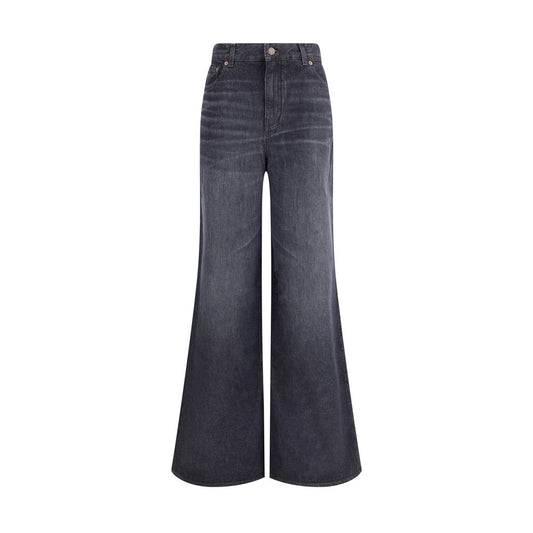 Chloé Black Cotton Flared Jeans with five-pocket design, mid-rise, belt loops, and logo leather patch, ideal for a refined casual look.