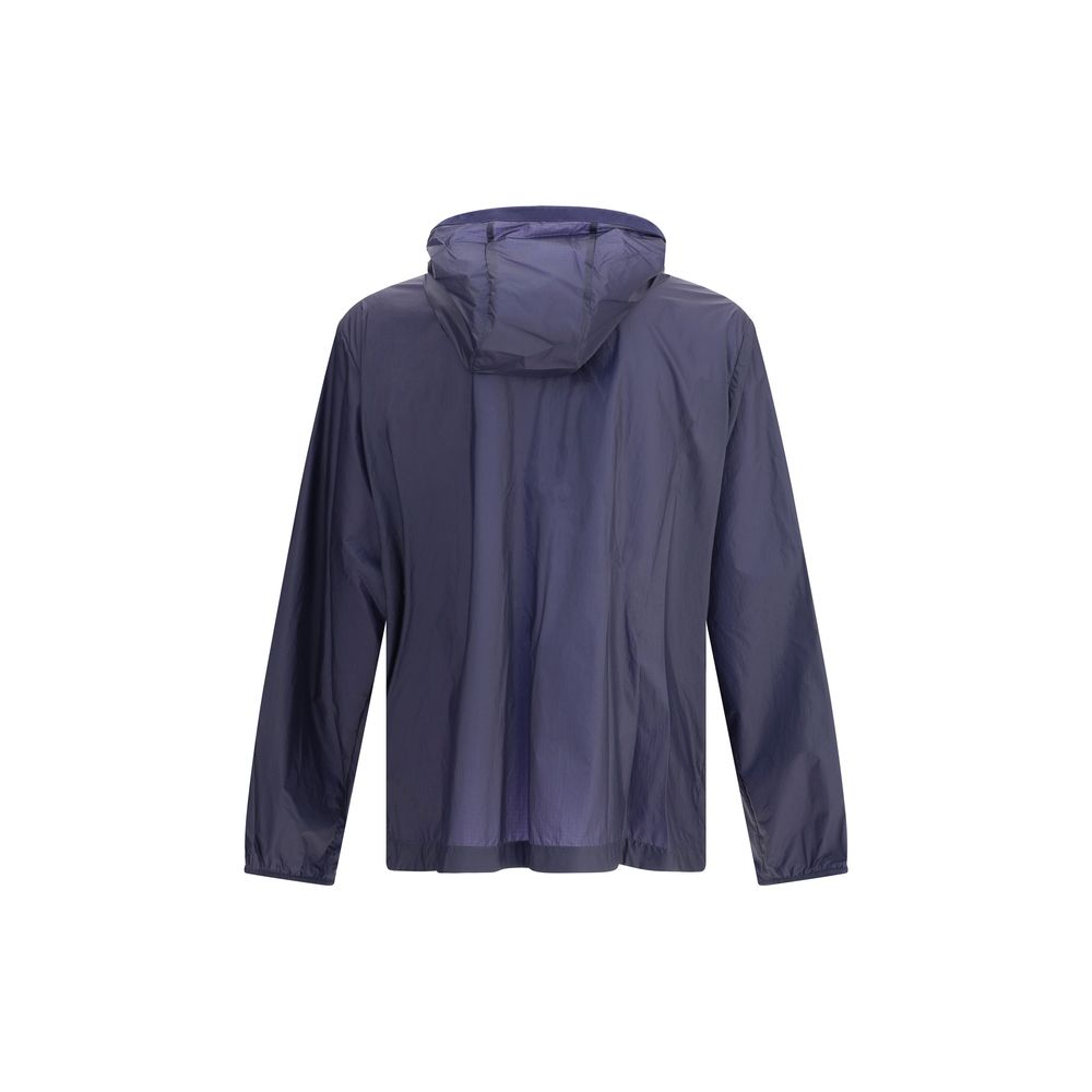 Moncler x Donald Glover Blue Nylon Shell Jacket, back view showing hood and long sleeves.
