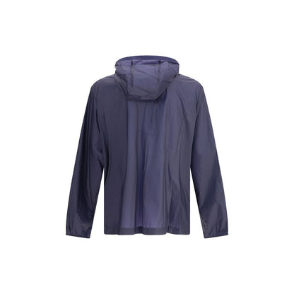 Moncler x Donald Glover Blue Nylon Shell Jacket, back view showing hood and long sleeves.