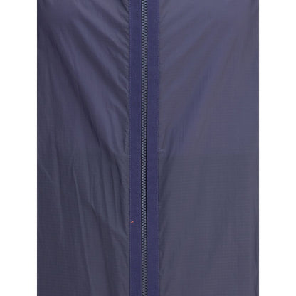 Close-up of Moncler x Donald Glover Blue Nylon Shell Jacket with waterproof ripstop fabric and zipper detail.