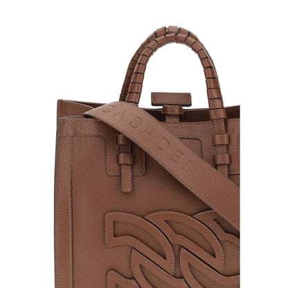 Casadei Brown Calf Leather Bos Taurus Shoulder Bag with logo and tubular handles, featuring leather hook-and-eye closure, Made in Italy.