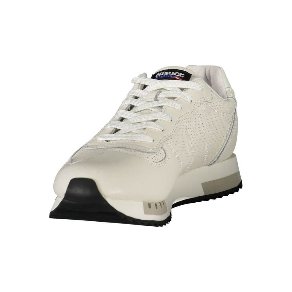 Blauer White Leather Men Sneaker with contrasting details and removable insole, featuring the iconic Blauer logo print for style and comfort.