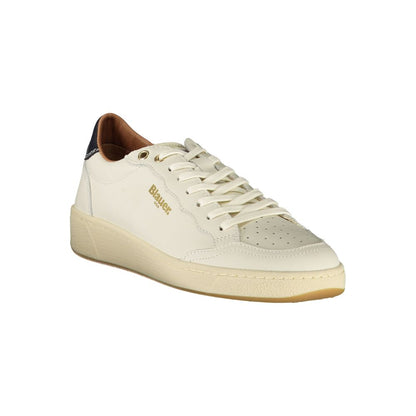 Blauer White Leather Women Sneaker with black accents, removable footbed, and signature logo, ideal for style and comfort.