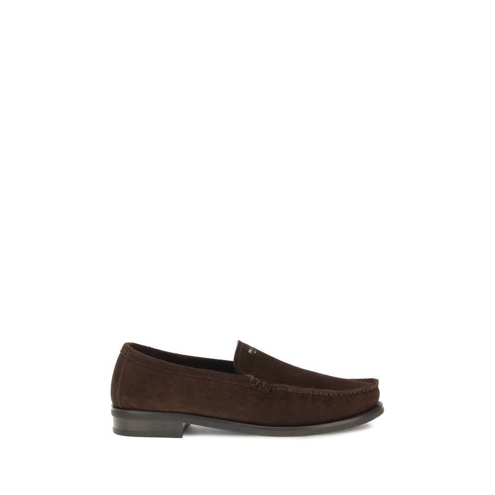 Prada Brown Calf Leather Bos Taurus Slip-On Loafers with suede finish and rubber sole, side view.