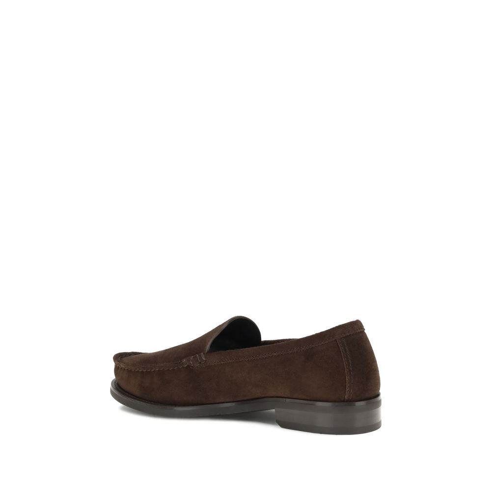 Prada Brown Calf Leather Bos Taurus Slip-On Loafers featuring suede upper and rubber sole, elegant design for AW25 collection.