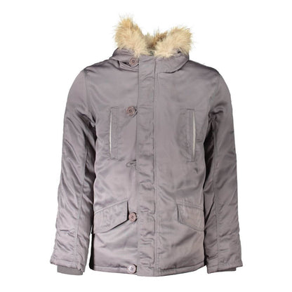 2 Special Gray Polyester Jackets & Coat with hood, buttons, zip, and multiple pockets.