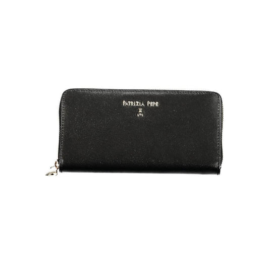 Patrizia Pepe Black Leather Wallet with zip closure, 6 compartments, dual card spaces, coin purse, and logo detailing.