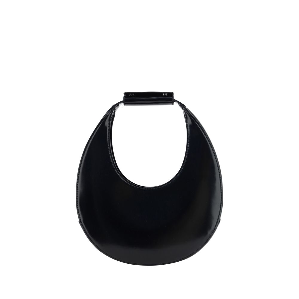Staud Black Calf Leather Bos Taurus Shoulder Bag featuring a round moon shape and rigid handle.