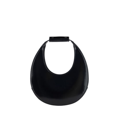 Staud Black Calf Leather Bos Taurus Shoulder Bag featuring a round moon shape and rigid handle.