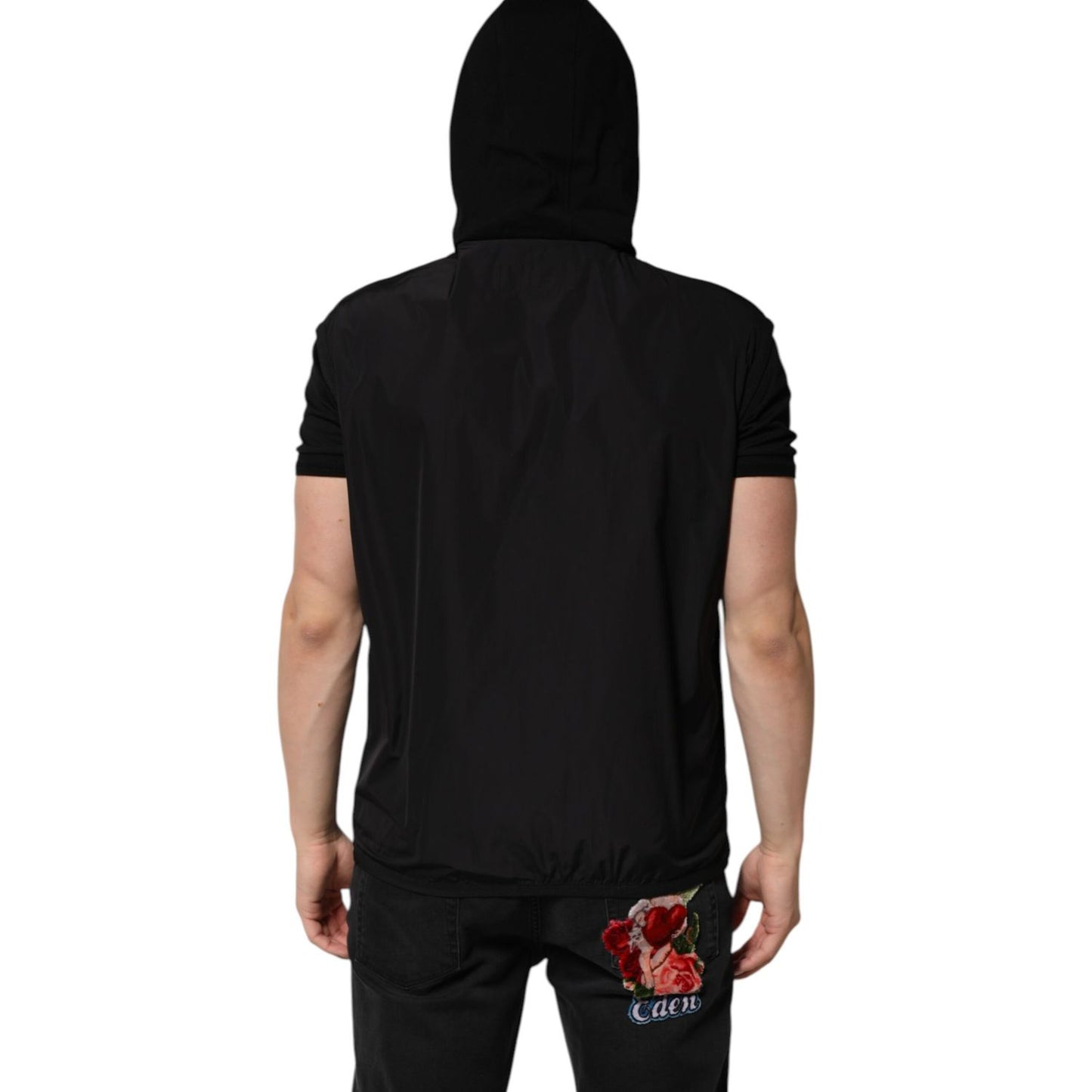 Dolce & Gabbana Black Sleeveless Hooded Logo Plaque Jacket