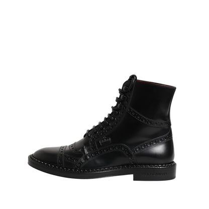 Dolce & Gabbana Black Leather Lace Up Mid Calf Boots Shoes