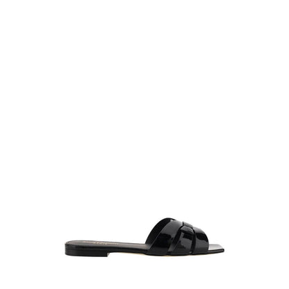 Saint Laurent Black Calf Leather Bos Taurus Flat Sandals with woven front and logoed insole, AW25 collection, made in Italy.