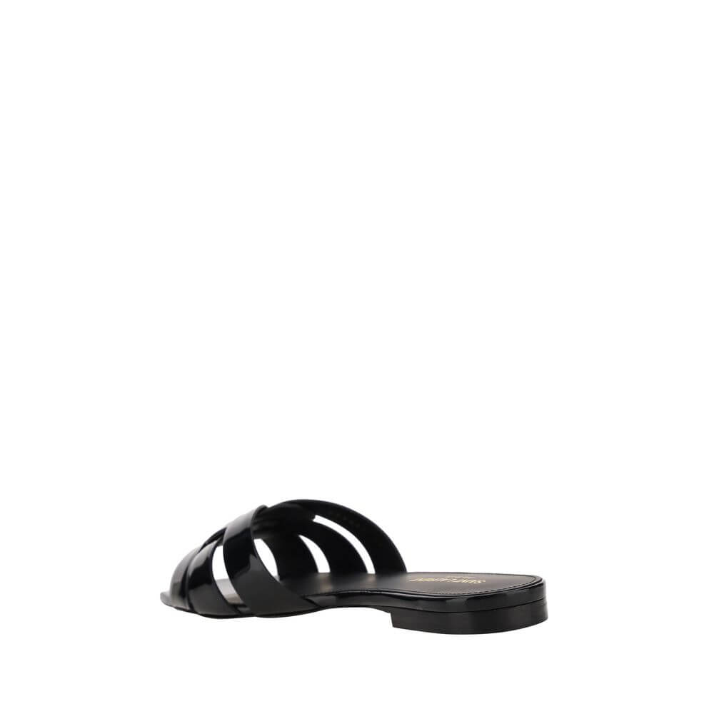 Saint Laurent Black Calf Leather Bos Taurus Flat Sandals with square toe and woven front design, AW25 collection.