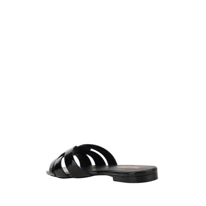 Saint Laurent Black Calf Leather Bos Taurus Flat Sandals with square toe and woven front design, AW25 collection.
