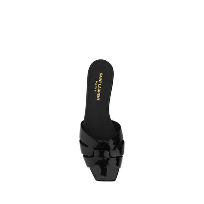 Saint Laurent Black Calf Leather Bos Taurus Flat Sandals with square toe and woven design, featuring logoed insole.