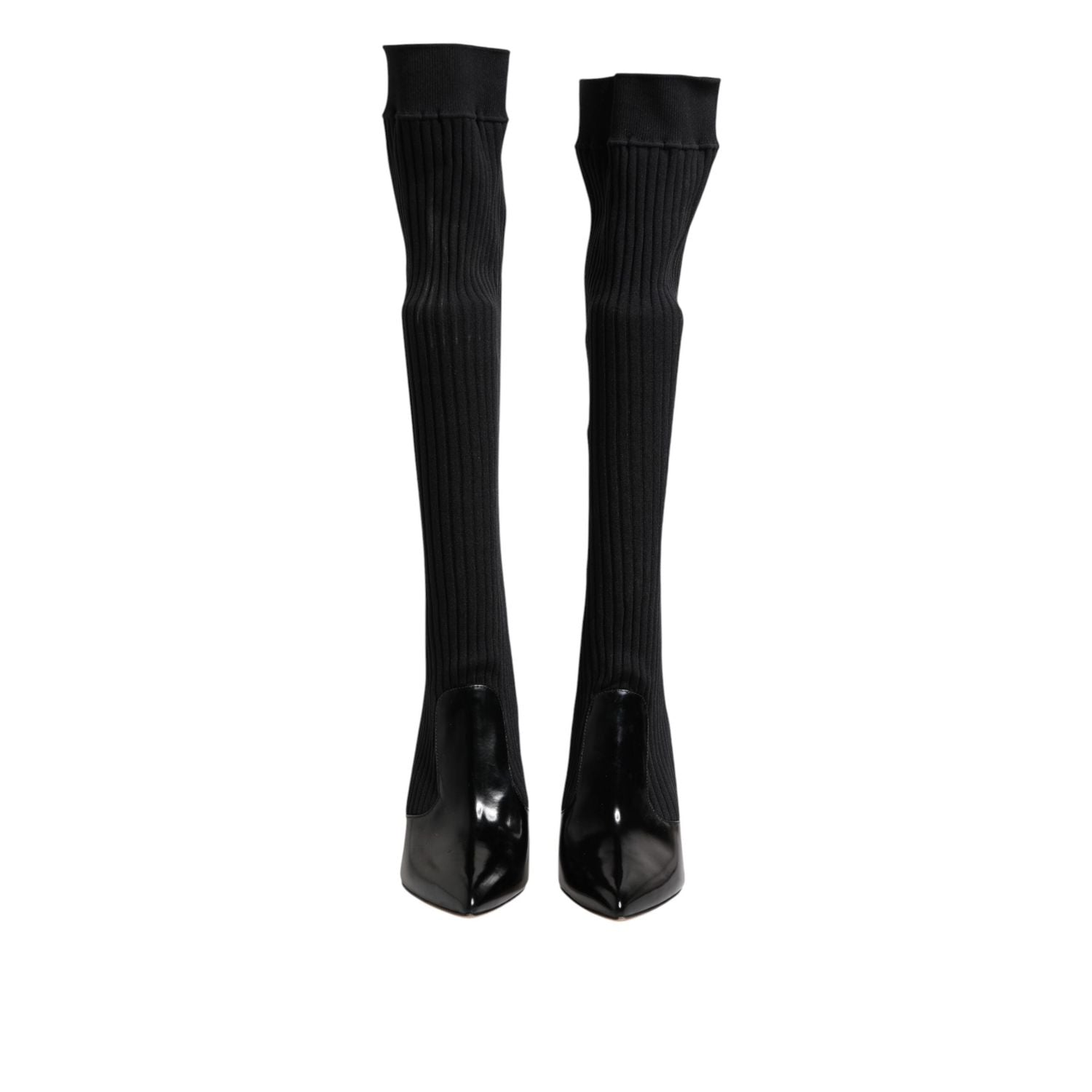 Dolce & Gabbana Black Leather Ribbed Knit Knee Boots Shoes