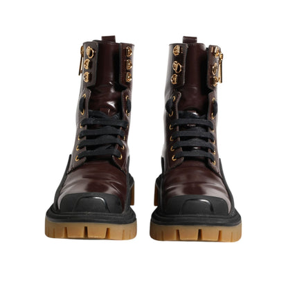Dolce & Gabbana Maroon Leather Mid Calf Biker Boots Shoes