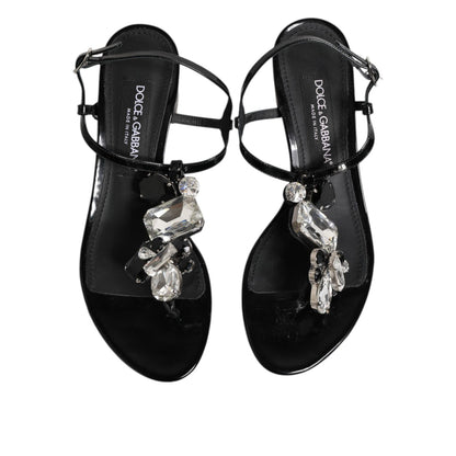 Dolce & Gabbana Black Leather Crystal Ankle Strap Sandals Shoes