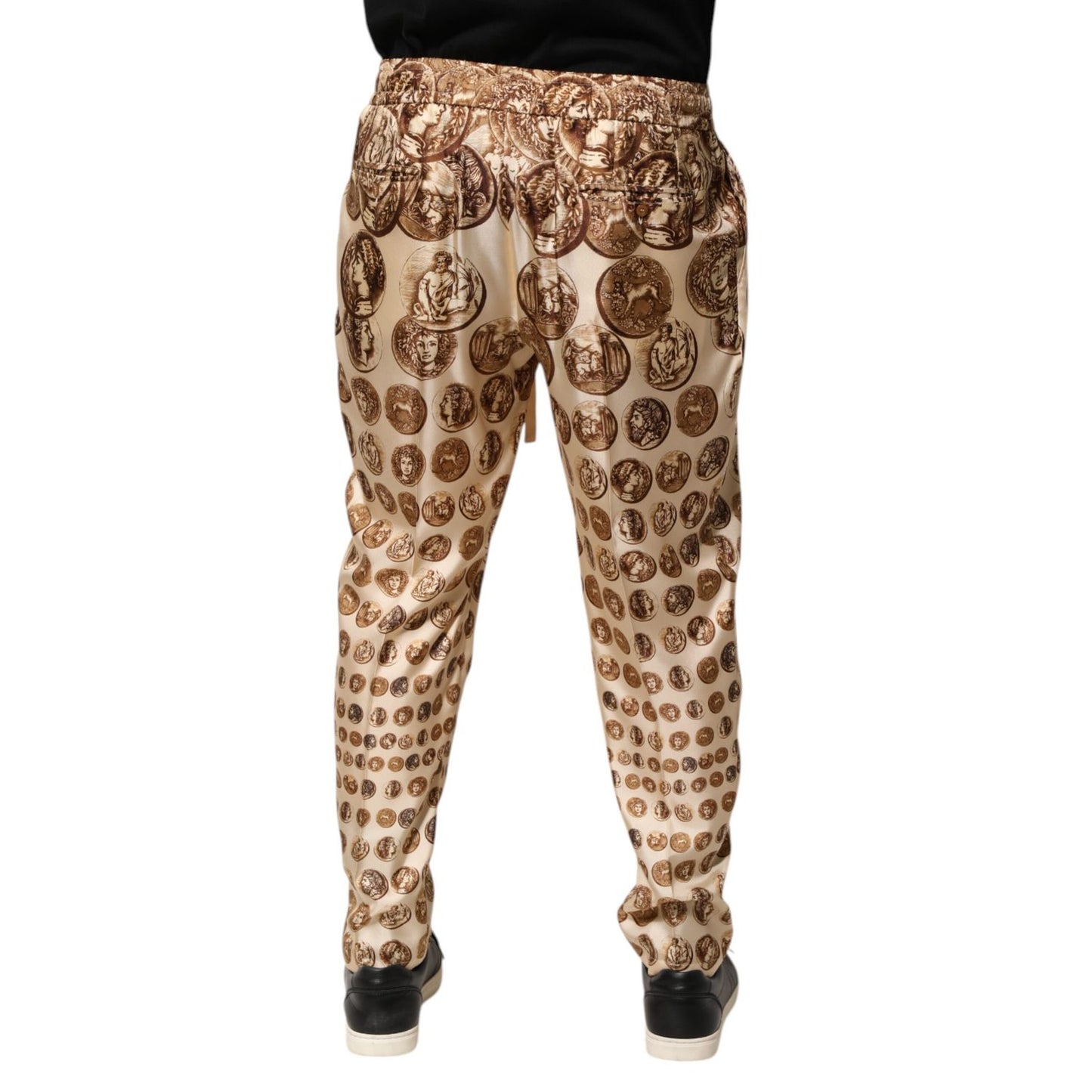 Dolce & Gabbana Beige Coin Print Silk Twill Men Jogger Pants