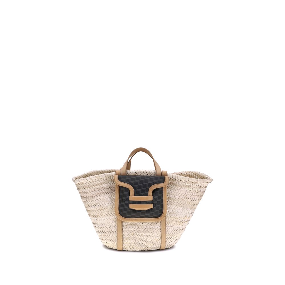 Pierre Hardy Beige Raffia Shoulder Bag with four handles and black pouch detail