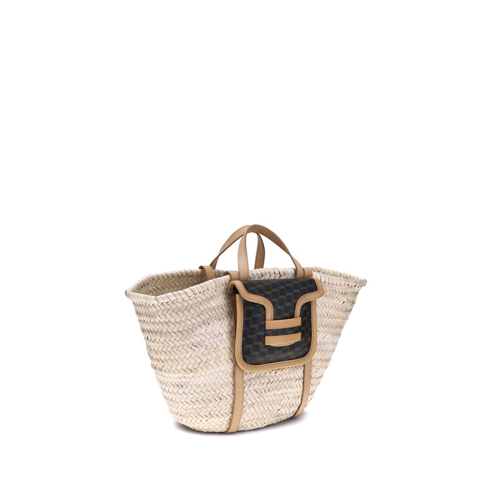 Pierre Hardy Beige Raffia Shoulder Bag with four handles and internal pouch for organization.