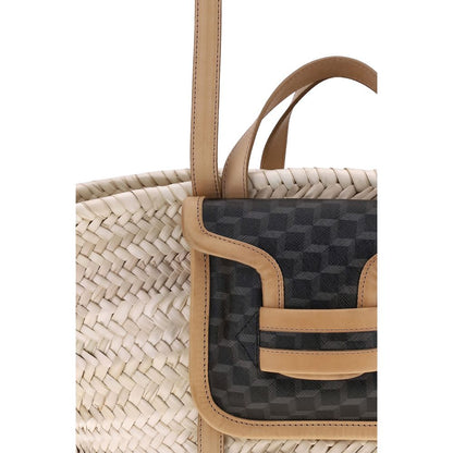 Close-up of Pierre Hardy Beige Raffia Shoulder Bag with luxury design, four handles, and internal pouch.