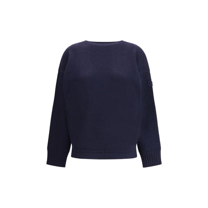 Chloé Blue Wool Sweatshirt with ribbed crew neck and cuffs, featuring a fine wool and cashmere knit in an oversized design with a sleeve logo.